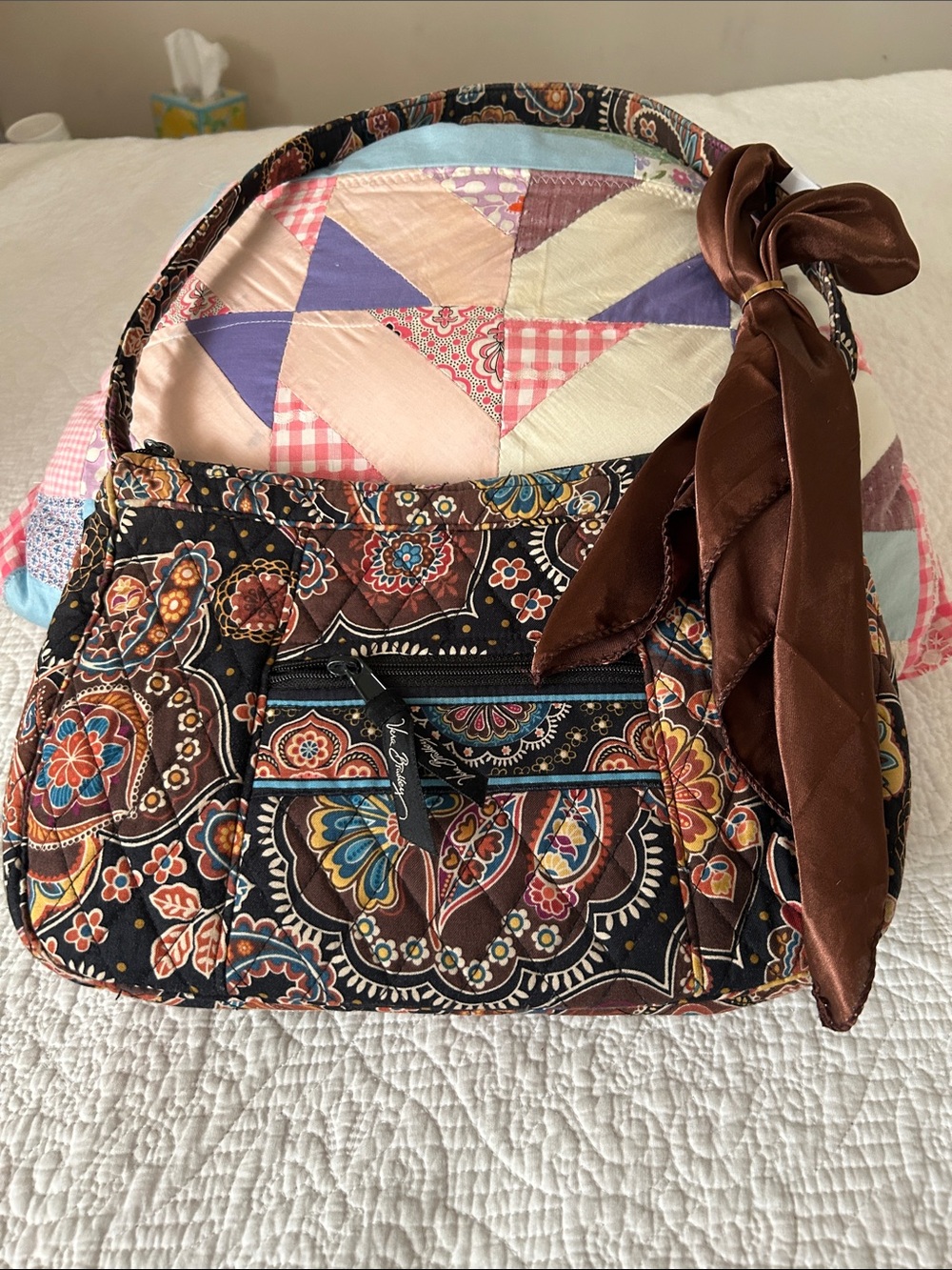 Vera Bradley quilted shoulder purse in browns, turquoise, yellow and black - Picture 15 of 15